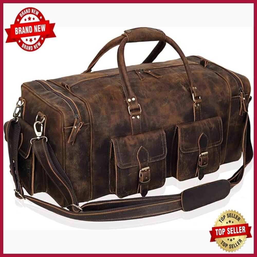 Large Leather Travel Duffel Bag for Men, 24" Carry-On with Multiple Compartments